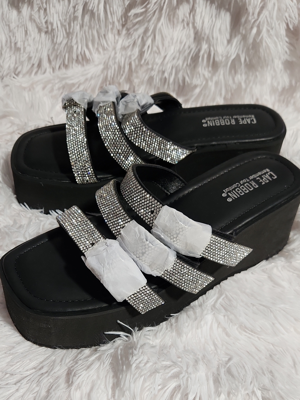 Cape Robbin Black Platform Sandals with Silver Crystal Straps